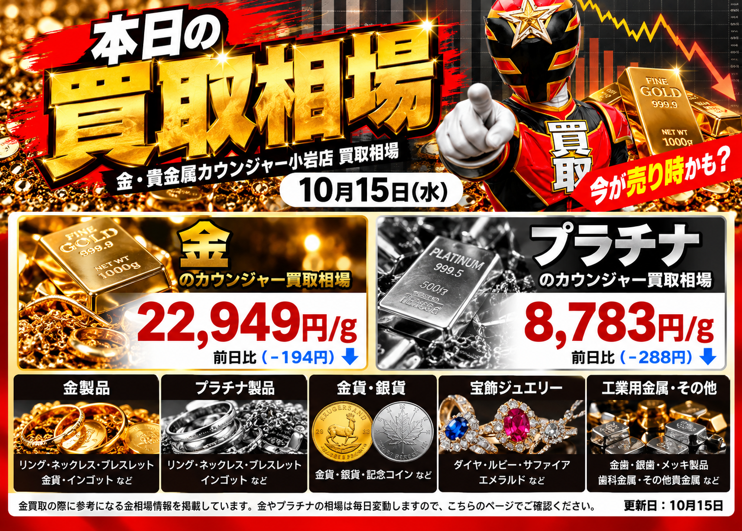 🔥 【10月15日】金・プラチナ買取相場を更新しました！ 🔥