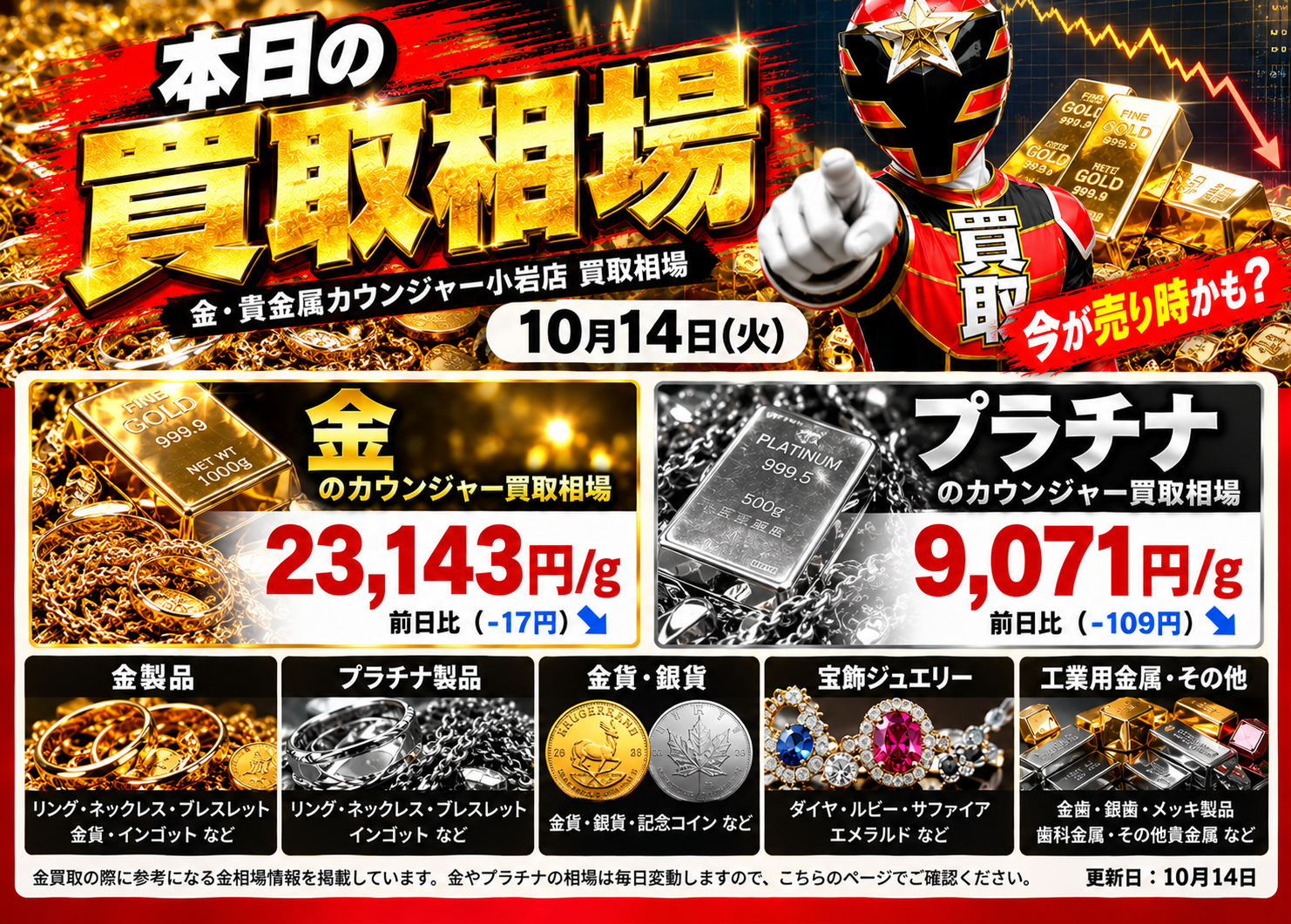 【10月14日】金・プラチナ相場をチェック！使わない貴金属はありませんか？