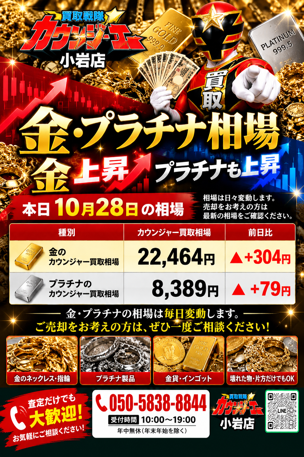 【10月28日】金・プラチナ相場ともに上昇！本日の買取相場を更新しました！